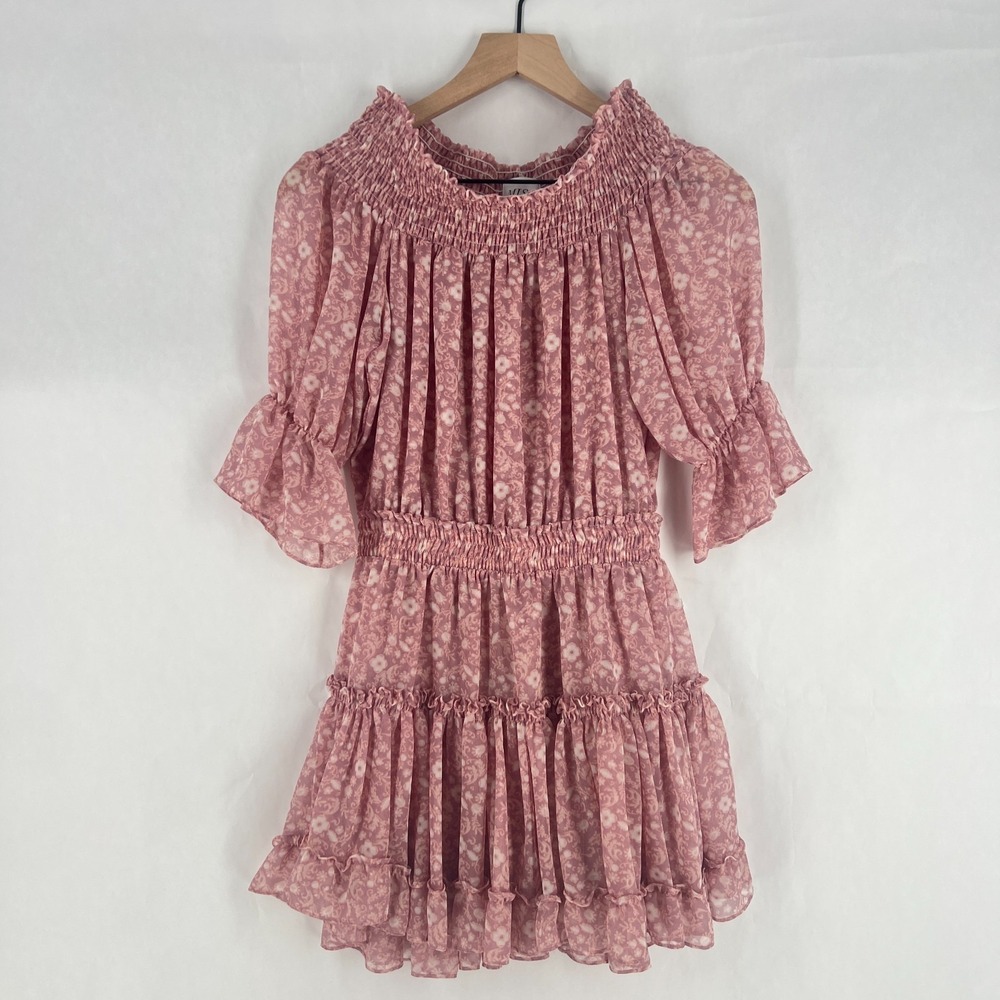 Misa Los Angeles Tiered A Line Mini Dress Womens Small Dusty Rose Floral Smocked